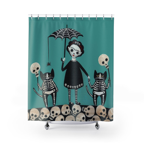 Whimsical Day of the Dead Shower Curtains with Skellie Cats