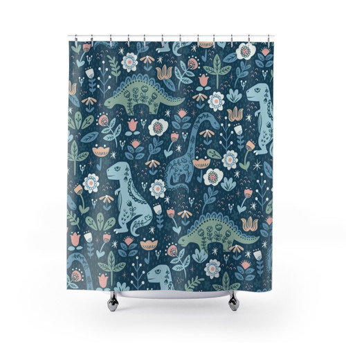Folk Dinosaur Print Blue Shower Curtains