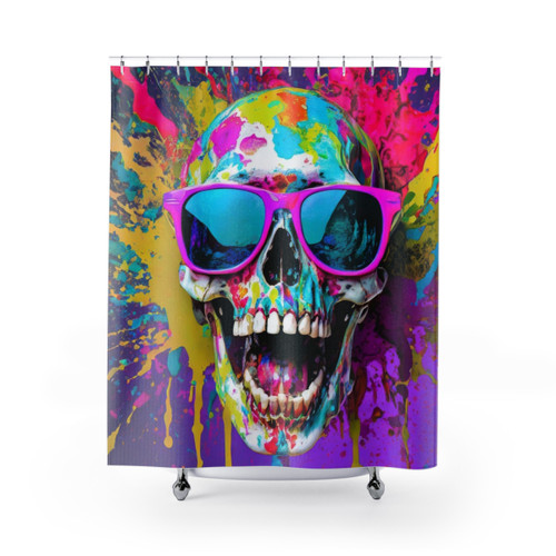 Vibrant skull shower curtain with sunglasses and colorful splatter design