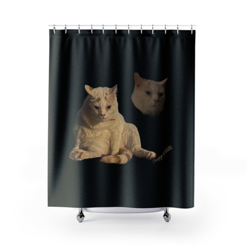 Poopy Portrait Shower Curtains featuring whimsical cat designs