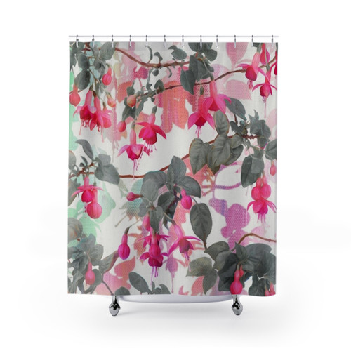 Fuchsia Floral Shower Curtain with Rainbow Pattern