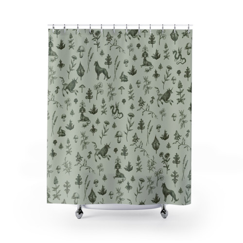 Medieval Dingus Party Shower Curtains featuring unicorns, monsters, and floral patterns