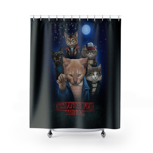 Strange Fur Things Shower Curtain with Quirky Cat Designs