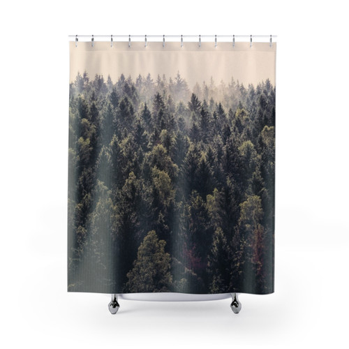 Romantic forest shower curtains with moody nature scenes