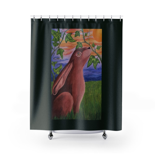 Hare in the Meadow Shower Curtain featuring a pencil drawing of a rabbit in a meadow