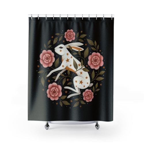 Enchanted Floral Shower Curtains featuring rabbits, bunnies, and nature imagery