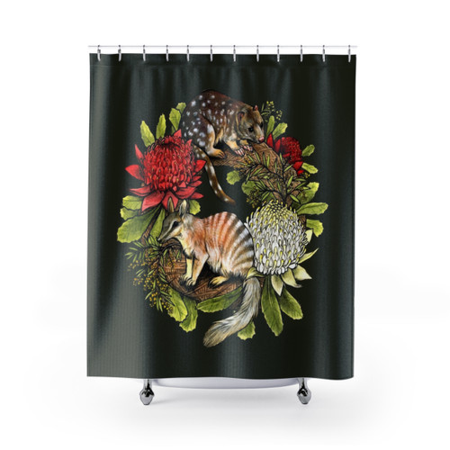 Quoll and Numbat Australian Christmas Wreath Shower Curtains