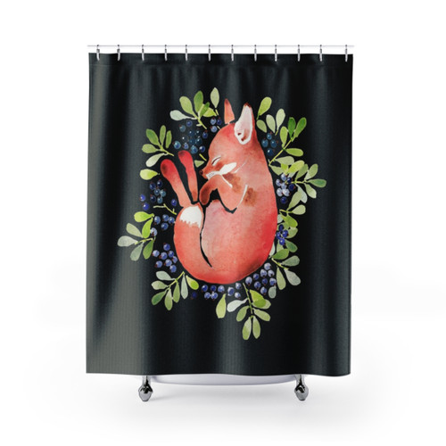 Sleeping fox and blue berries watercolor shower curtain