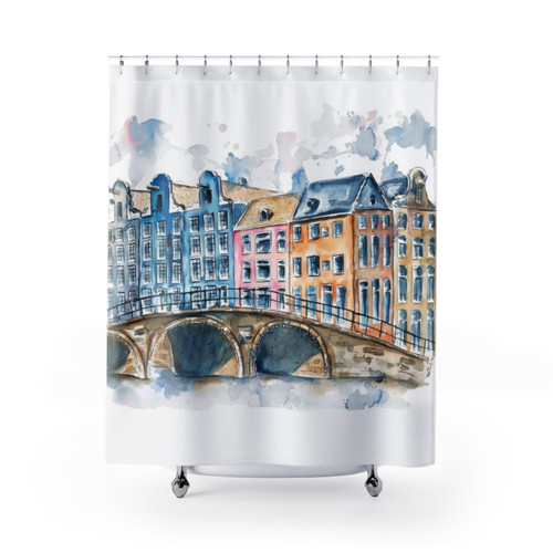 Watercolor Amsterdam Houses and Bridge Cityscape Shower Curtain