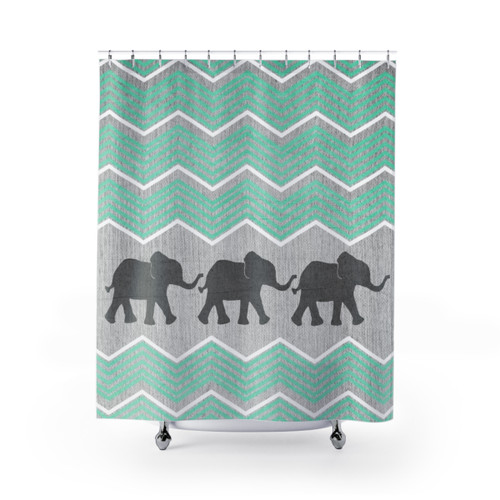 Elephant-themed shower curtains with a chevron pattern