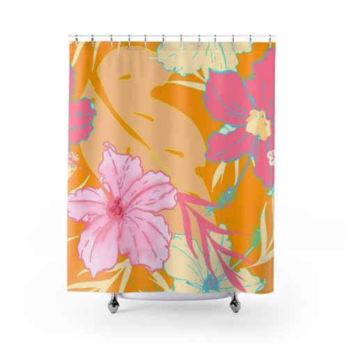 Tropical Hibiscus Flower and Monstera Leaf Shower Curtain