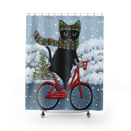 Black Cat Christmas Bicycle Shower Curtain