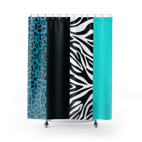 Aqua blue zebra and leopard animal print shower curtains