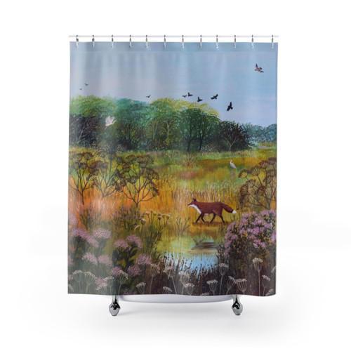 Autumn Equinox Shower Curtains featuring a beautiful fox art design