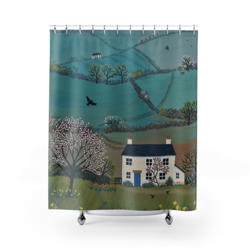 Spring Hills Landscape Shower Curtains featuring daffodils and cottages