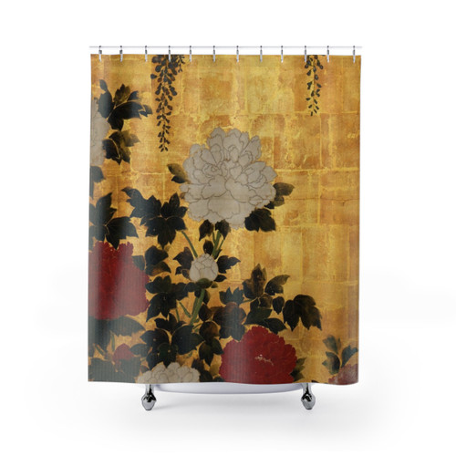Vintage Japanese Floral Gold Leaf Shower Curtains