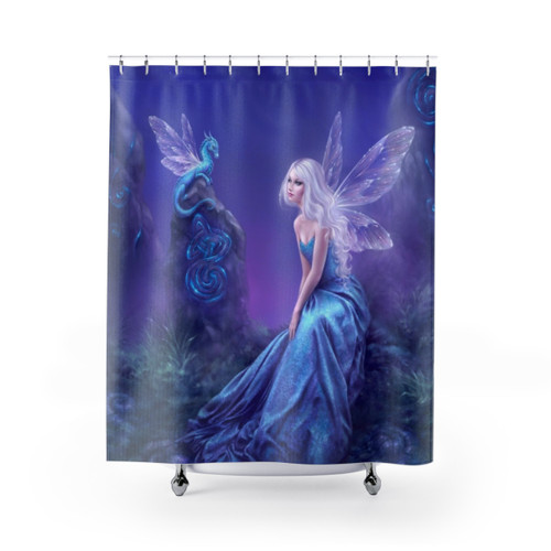Luminescent fairy and dragon art shower curtains