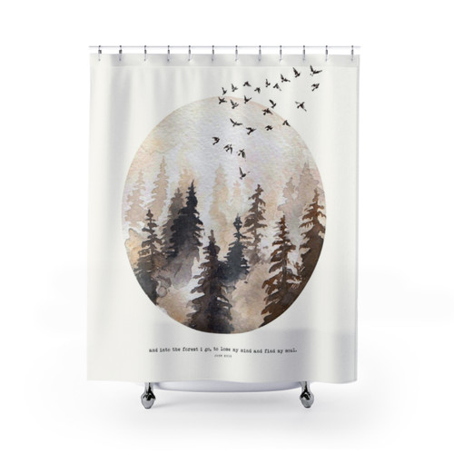 Nature-inspired shower curtain with forest scenery