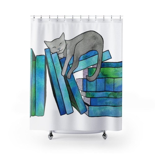 Literary Naps Blue Shower Curtain with Cats and Books