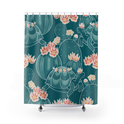 Tortoise print shower curtain with tropical nature design