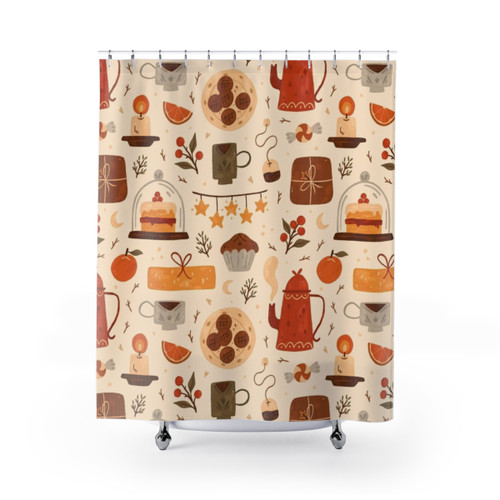 Festive Tea Time Shower Curtains featuring teacups, teapots, baking, and winter aesthetic