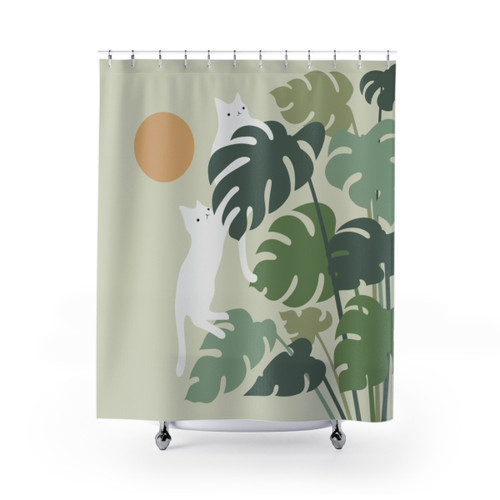 Cat and Botanical Print Shower Curtain