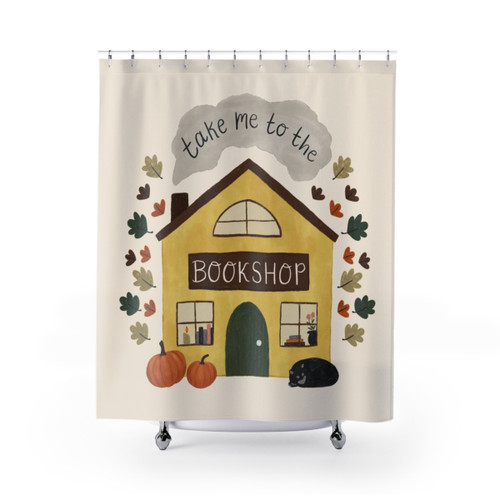 Bookshop-themed shower curtain with books, pumpkins, and a black cat