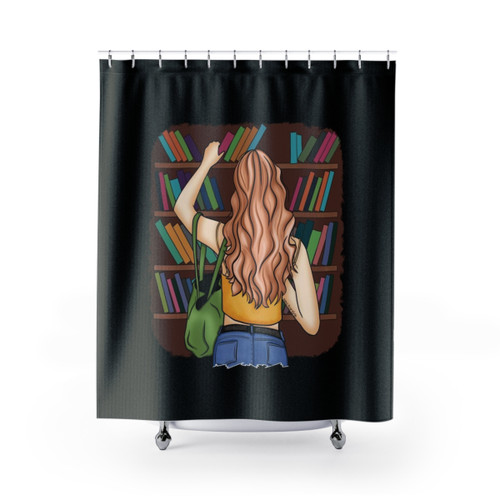 Library-themed shower curtains with fashion illustrations