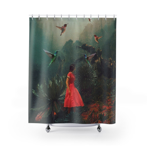 Vintage Shower Curtains featuring a collage design with a woman, birds, and a moody forest scene