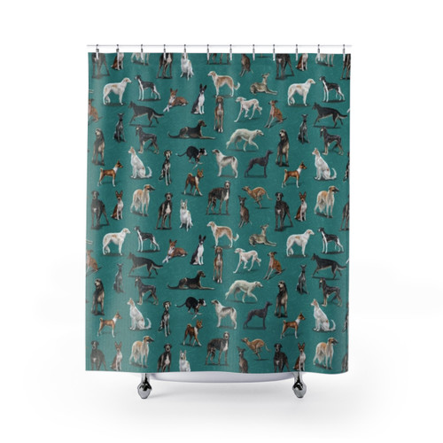 Sighthound Dog Breed Shower Curtains with Green Pattern