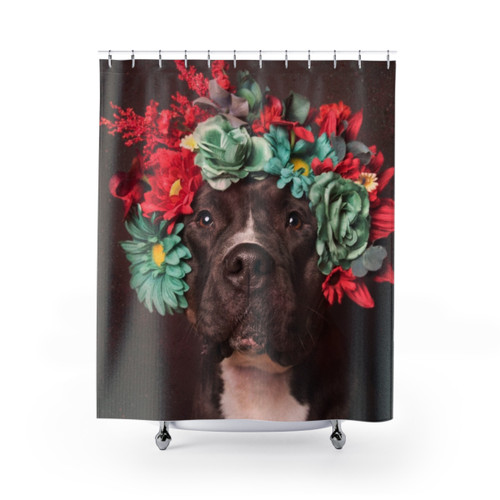 Flower Power Molly Shower Curtains featuring a pit bull dog in a flower crown