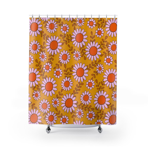 Retro botanical shower curtain with 70s daisy flowers
