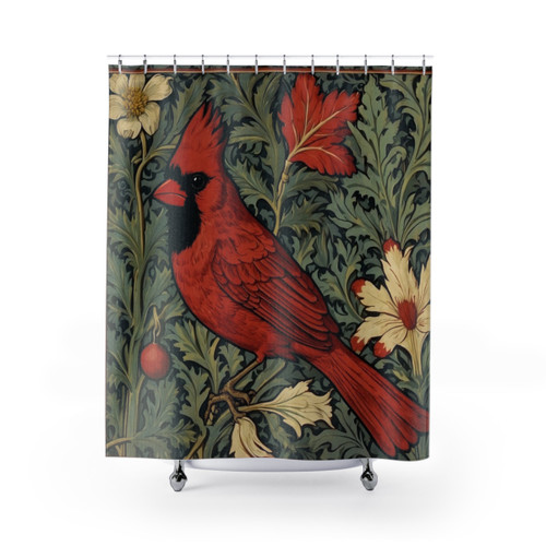 Cardinal inspired shower curtain with a vibrant red design