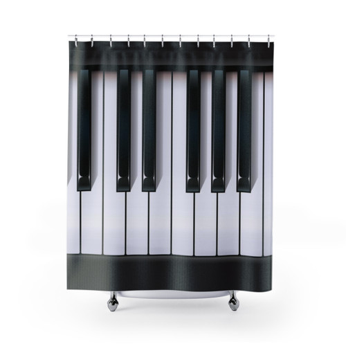 Piano-themed shower curtain featuring musical notes and keys