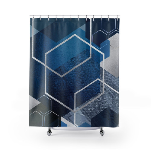 Blue geometric hexagon shower curtains