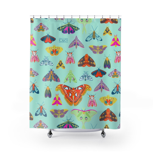 Vibrant Lepidoptera Shower Curtain featuring a colorful moth and butterfly design