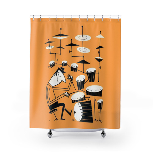 Funky Drummer Shower Curtains with Retro Musical Beat Design