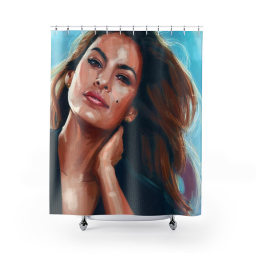 Sky Shower Curtains inspired by Eva Mendes portrait art