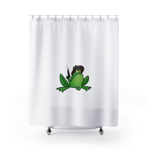 Cute frog-themed shower curtain from Armed Frogery