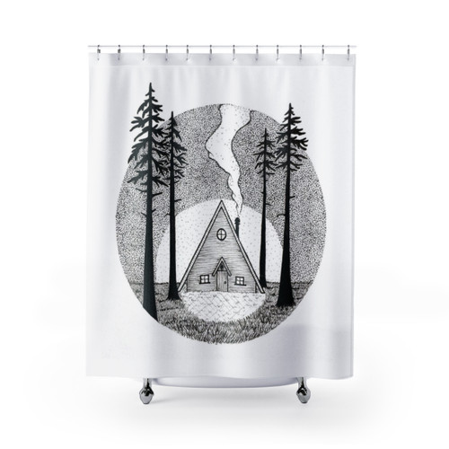 Cozy cabin-themed shower curtains with woodsy nature design