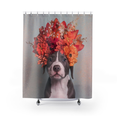 Flower Power Shower Curtains featuring Pitbull and Flower Designs