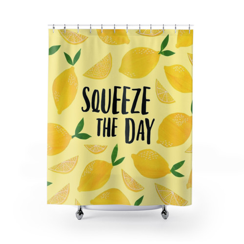 Lemon-themed Squeeze the Day motivational shower curtain