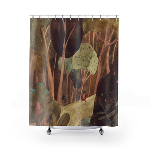 Watercolor painting of a girl and dog walking in a green forest