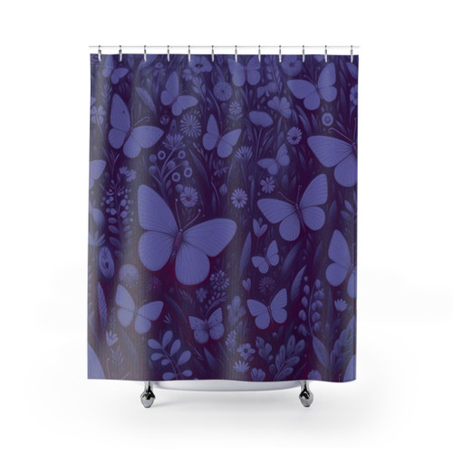 Midnight Moonlit Field Shower Curtains with Butterflies