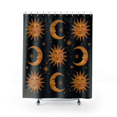 Celestial Dreams Shower Curtains featuring the sun, moon, and stars