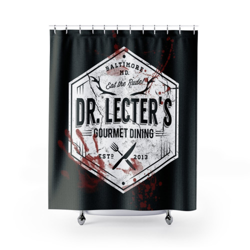 Vintage horror-themed shower curtains with Cannibal Cuisine branding