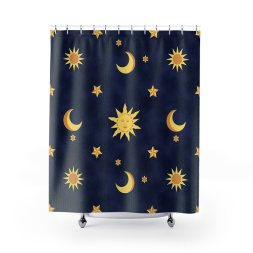 Celestial Mood Shower Curtains featuring sun, moon, and stars design