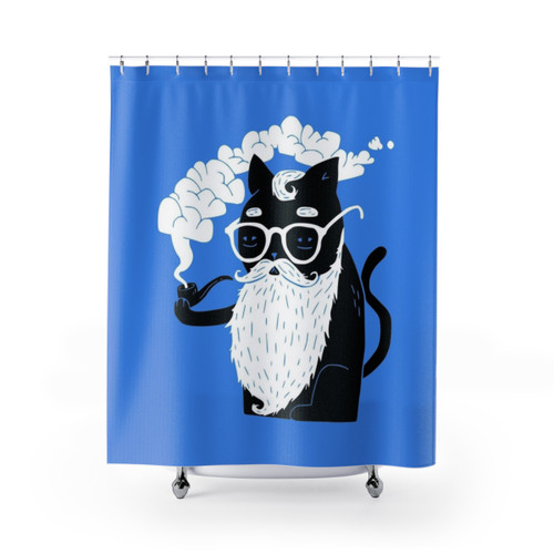 Whiskers and Pipe Shower Curtains featuring cats and smoking pipes