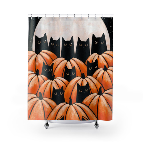 Black Cat Halloween Shower Curtains with Pumpkin Patch Design