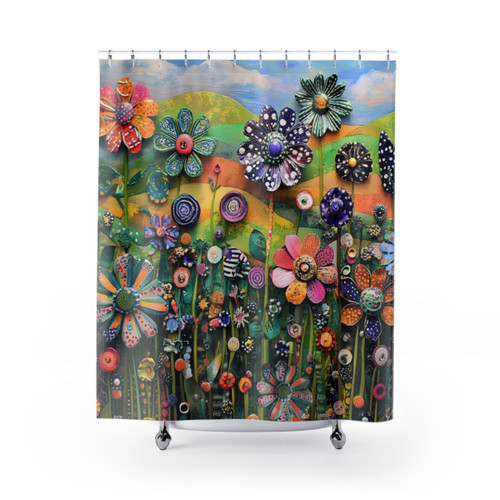Floral collage shower curtain with nature and garden motifs